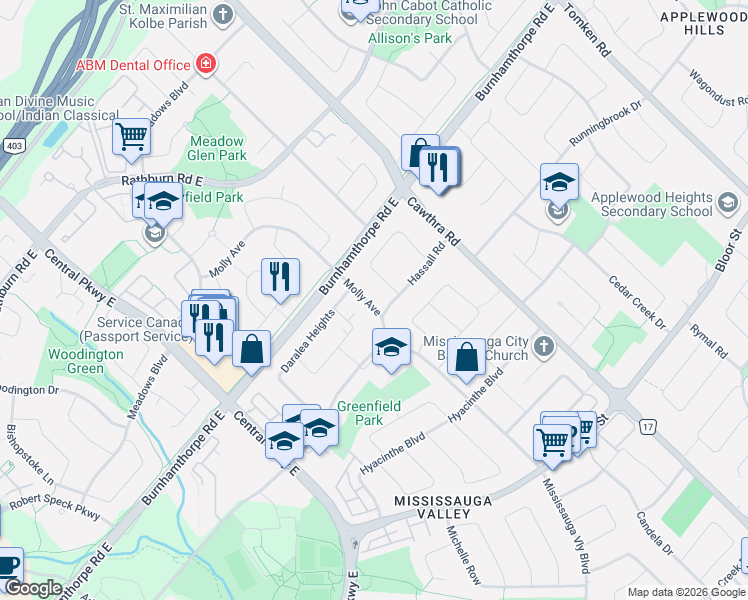 map of restaurants, bars, coffee shops, grocery stores, and more near 3631 Molly Avenue in Mississauga