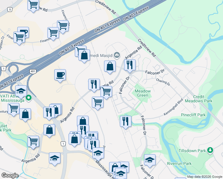 map of restaurants, bars, coffee shops, grocery stores, and more near 6540 Falconer Drive in Mississauga