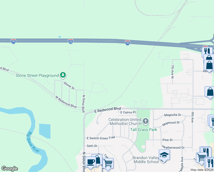 map of restaurants, bars, coffee shops, grocery stores, and more near 102 East Redwood Circle in Brandon