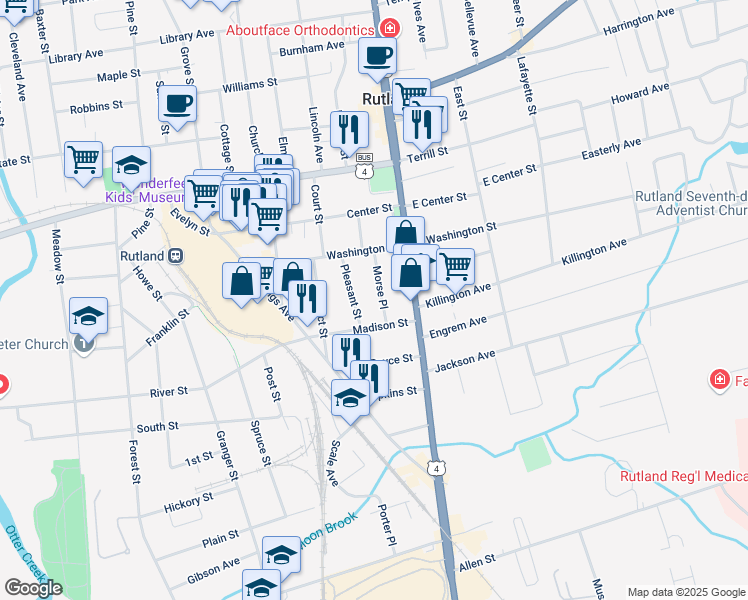 map of restaurants, bars, coffee shops, grocery stores, and more near 43 Morse Place in Rutland