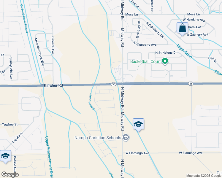 map of restaurants, bars, coffee shops, grocery stores, and more near 15985 Midway Road in Nampa