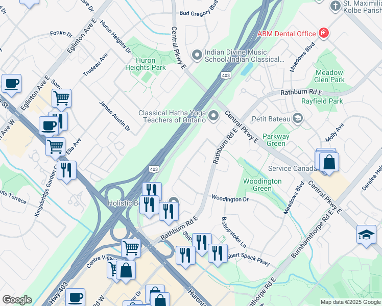 map of restaurants, bars, coffee shops, grocery stores, and more near 231 Chalfield Lane in Mississauga