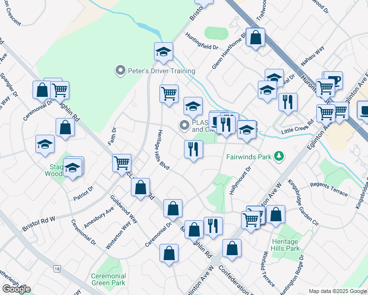 map of restaurants, bars, coffee shops, grocery stores, and more near in Mississauga