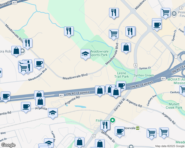 map of restaurants, bars, coffee shops, grocery stores, and more near in Mississauga