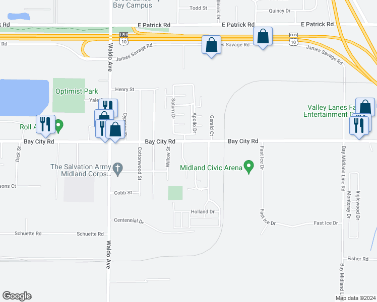 map of restaurants, bars, coffee shops, grocery stores, and more near 3746 Apollo Drive in Midland