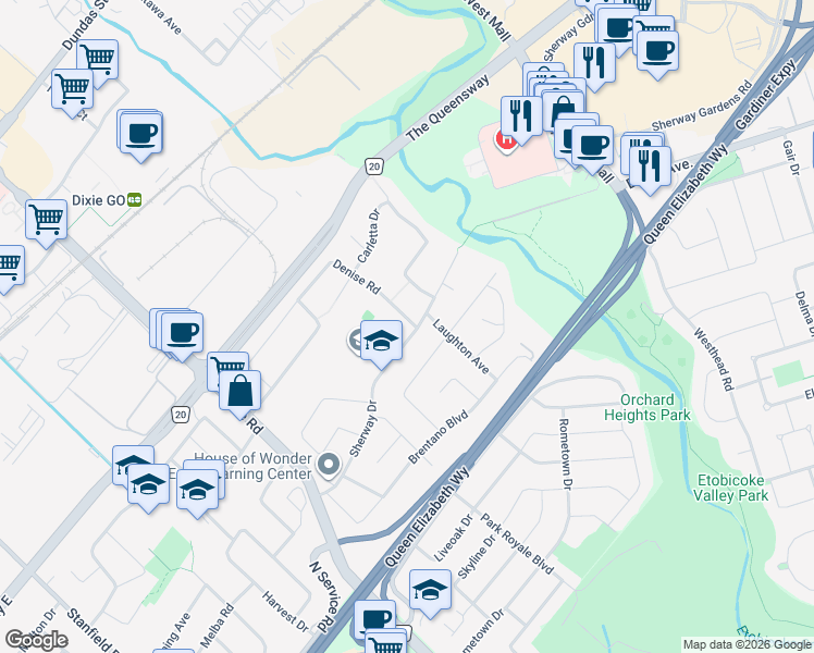 map of restaurants, bars, coffee shops, grocery stores, and more near in Mississauga