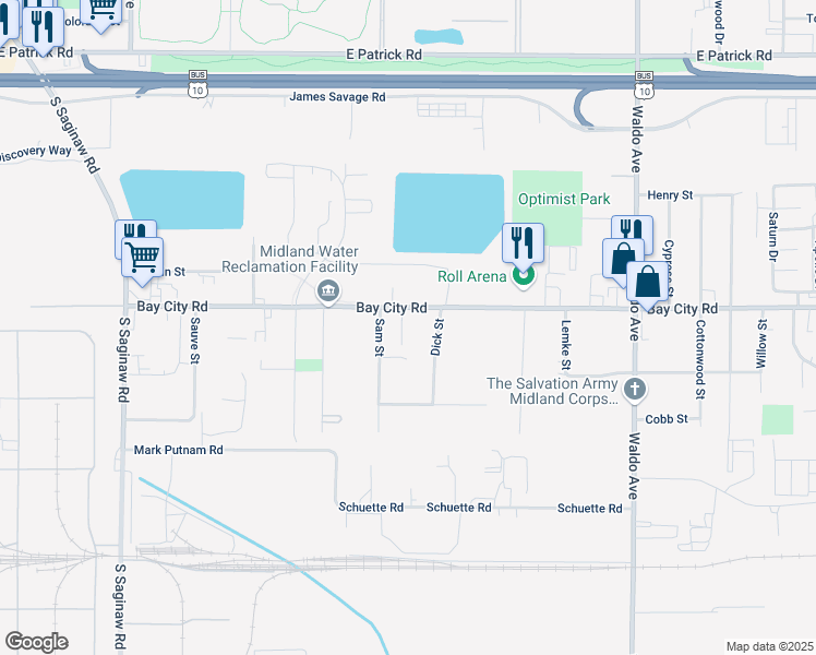 map of restaurants, bars, coffee shops, grocery stores, and more near 2524 Bay City Road in Midland
