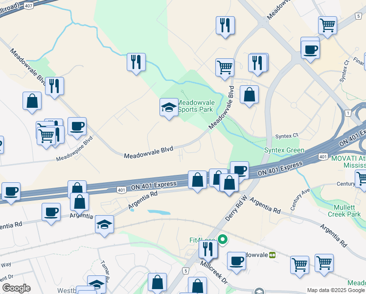map of restaurants, bars, coffee shops, grocery stores, and more near 2300 Meadowvale Boulevard in Mississauga