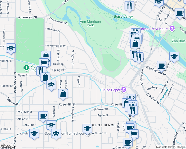 map of restaurants, bars, coffee shops, grocery stores, and more near 3075 Crescent Rim Drive in Boise