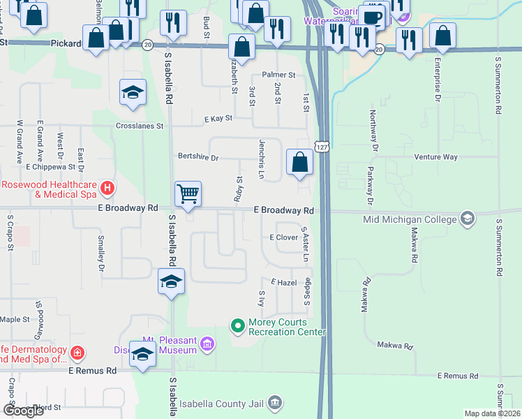 map of restaurants, bars, coffee shops, grocery stores, and more near 5311 E Broadway Rd in Mt Pleasant