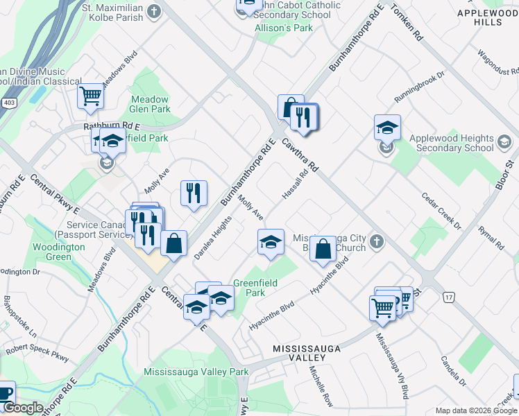 map of restaurants, bars, coffee shops, grocery stores, and more near 3631 Molly Avenue in Mississauga