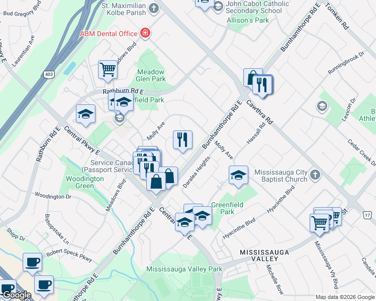 map of restaurants, bars, coffee shops, grocery stores, and more near in Mississauga