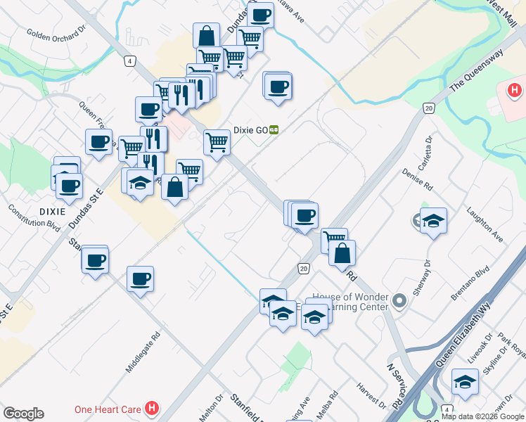 map of restaurants, bars, coffee shops, grocery stores, and more near Tonolli Road in Mississauga