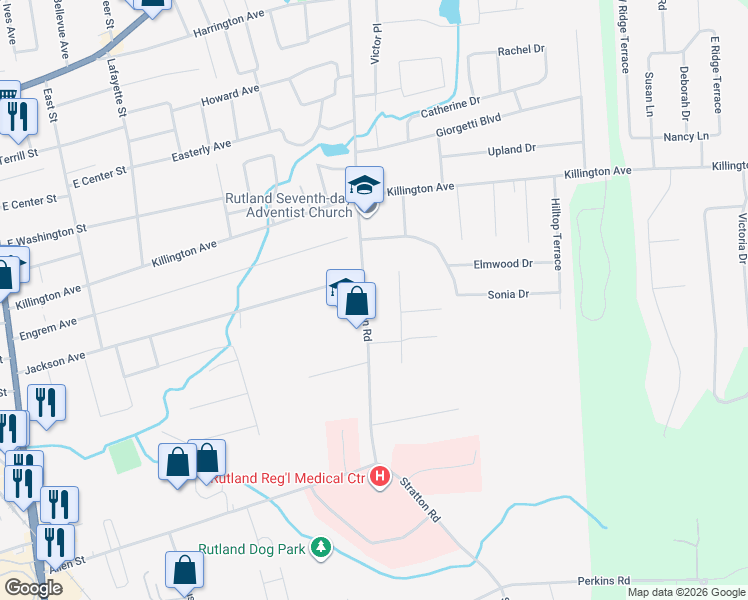 map of restaurants, bars, coffee shops, grocery stores, and more near 180 Stratton Road in Rutland