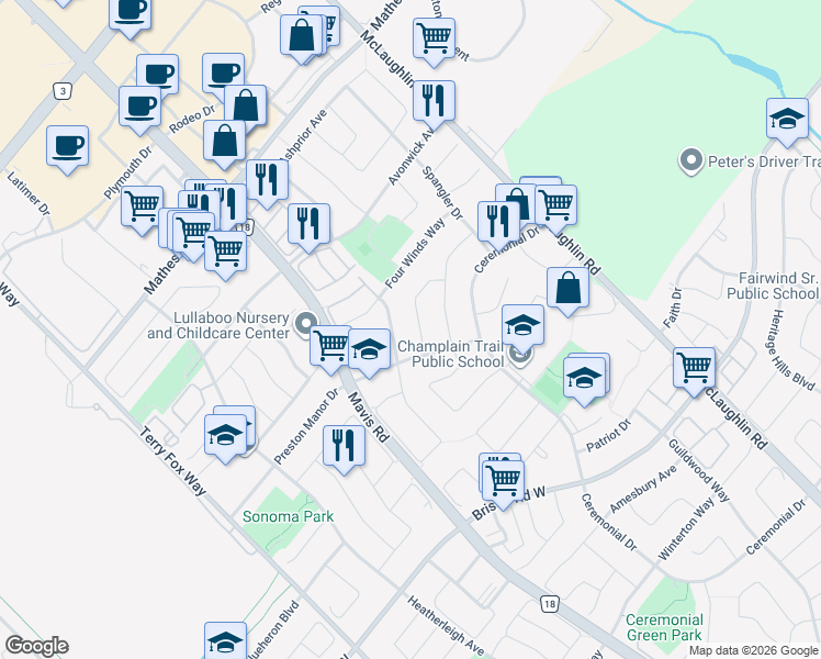 map of restaurants, bars, coffee shops, grocery stores, and more near 5486 Bourget Drive in Mississauga