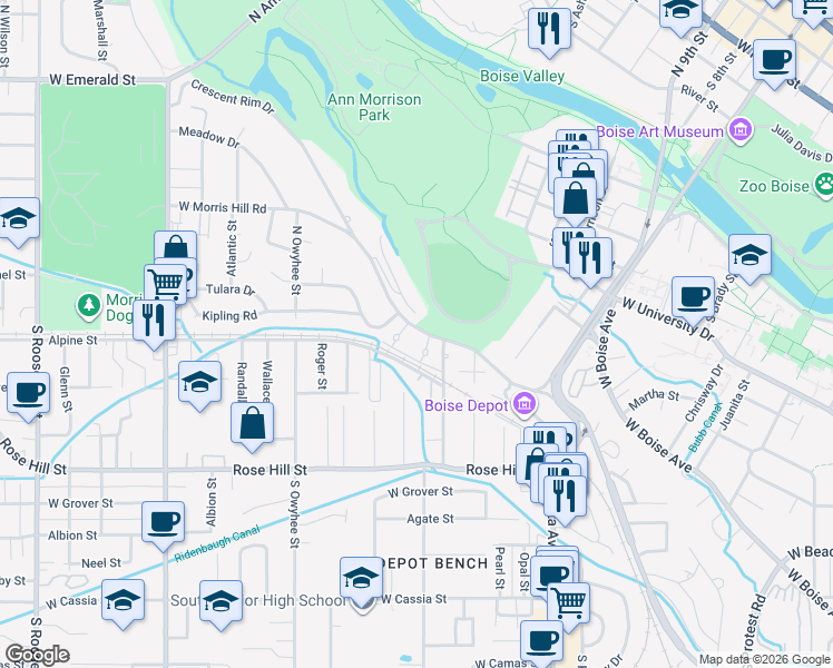 map of restaurants, bars, coffee shops, grocery stores, and more near 3100 Crescent Rim Drive in Boise