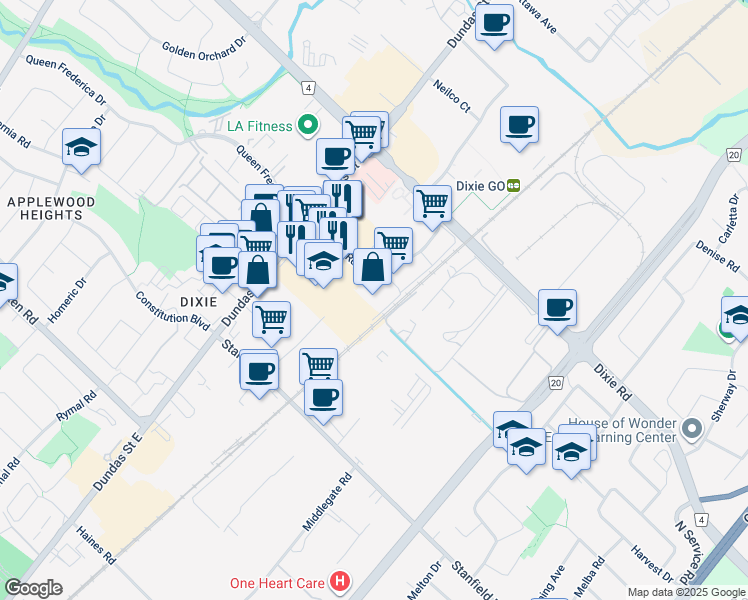 map of restaurants, bars, coffee shops, grocery stores, and more near 1290 Blundell Road in Mississauga