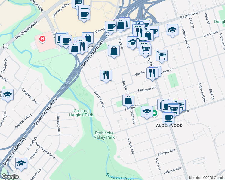 map of restaurants, bars, coffee shops, grocery stores, and more near in Toronto