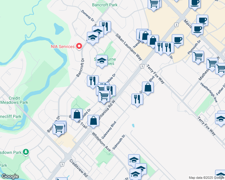 map of restaurants, bars, coffee shops, grocery stores, and more near 6130 Windfleet Crescent in Mississauga
