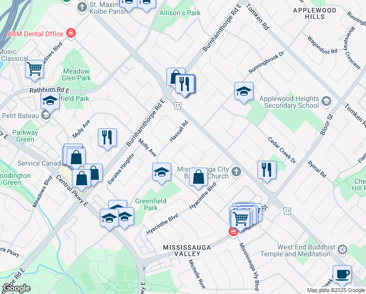 map of restaurants, bars, coffee shops, grocery stores, and more near 716 Eversley Drive in Mississauga