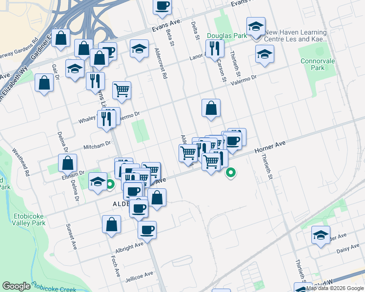 map of restaurants, bars, coffee shops, grocery stores, and more near 176 Aldercrest Road in Toronto