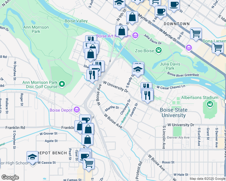 map of restaurants, bars, coffee shops, grocery stores, and more near in Boise