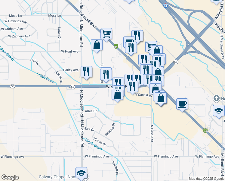 map of restaurants, bars, coffee shops, grocery stores, and more near 2221 West Karcher Road in Nampa
