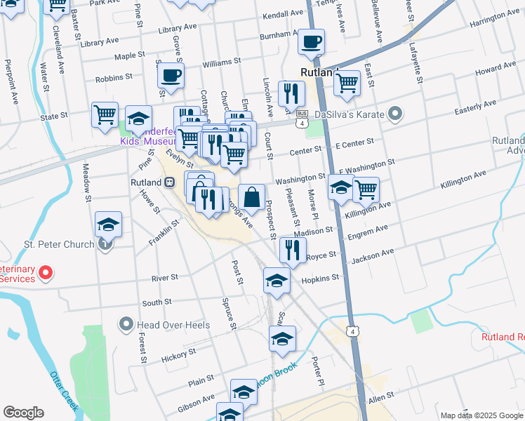 map of restaurants, bars, coffee shops, grocery stores, and more near 41 Prospect Street in Rutland