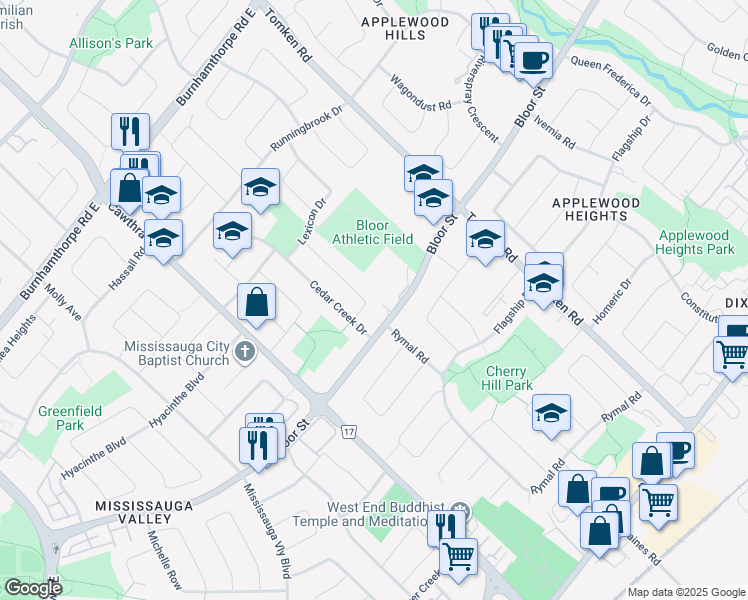 map of restaurants, bars, coffee shops, grocery stores, and more near 881 Bloor Street in Mississauga