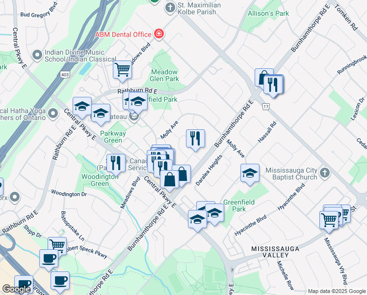 map of restaurants, bars, coffee shops, grocery stores, and more near 4124 Dunmow Crescent in Mississauga