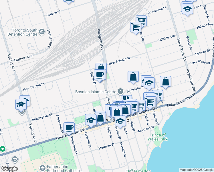 map of restaurants, bars, coffee shops, grocery stores, and more near 233 Islington Avenue in Toronto
