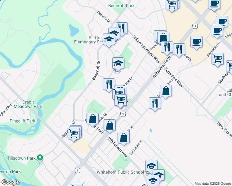map of restaurants, bars, coffee shops, grocery stores, and more near 6066 Douguy Boulevard in Mississauga
