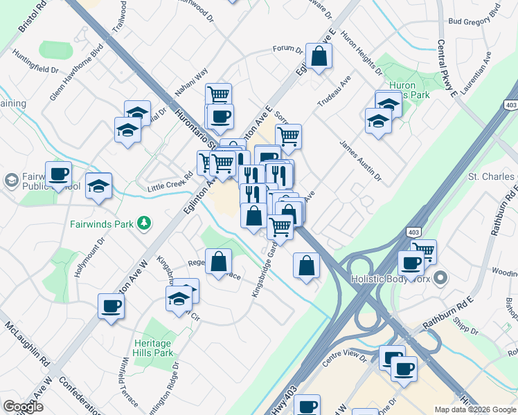 map of restaurants, bars, coffee shops, grocery stores, and more near 35 Kingsbridge Garden Circle in Mississauga
