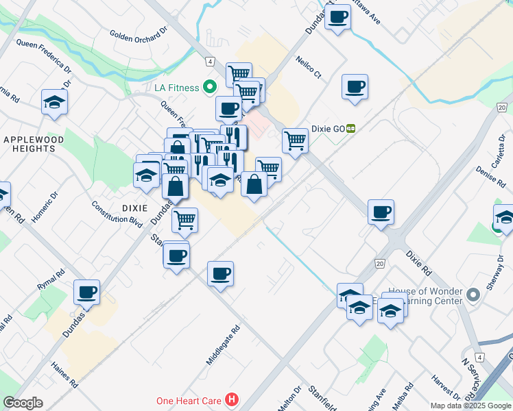 map of restaurants, bars, coffee shops, grocery stores, and more near 1290 Blundell Road in Mississauga