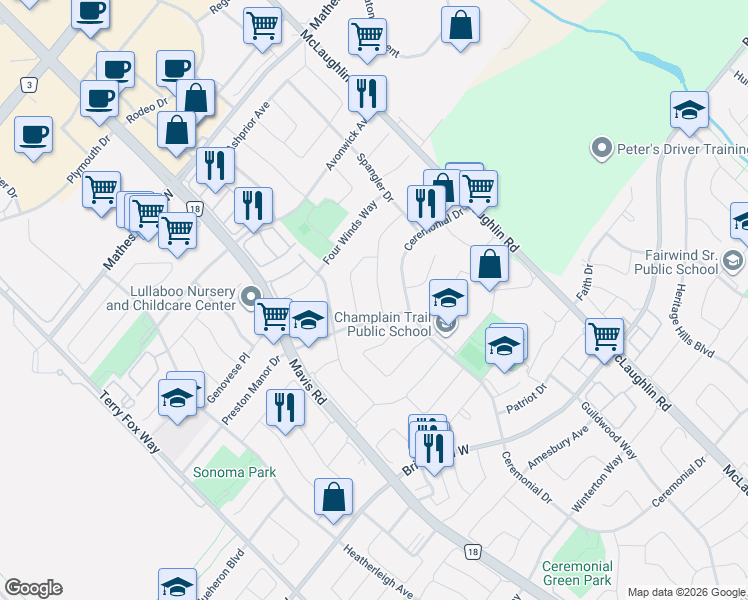 map of restaurants, bars, coffee shops, grocery stores, and more near 659 Roselaire Trail in Mississauga