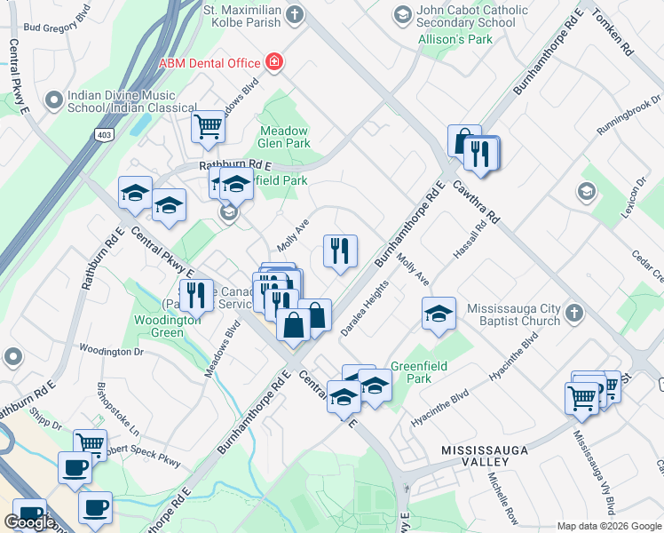 map of restaurants, bars, coffee shops, grocery stores, and more near 4135 Dunmow Crescent in Mississauga