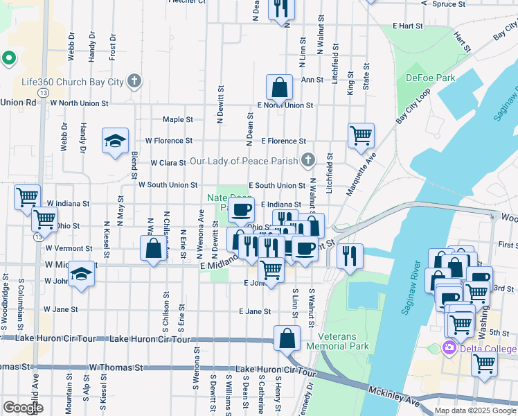 map of restaurants, bars, coffee shops, grocery stores, and more near 402 North Catherine Street in Bay City