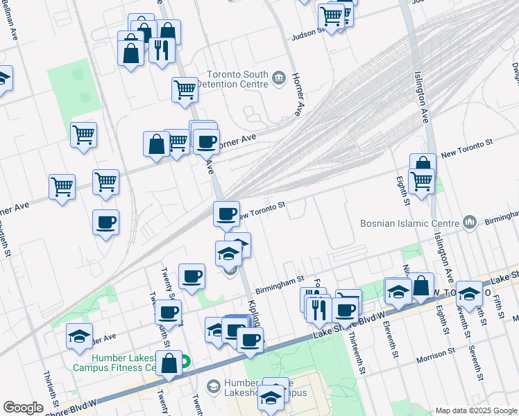 map of restaurants, bars, coffee shops, grocery stores, and more near 300 New Toronto Street in Toronto