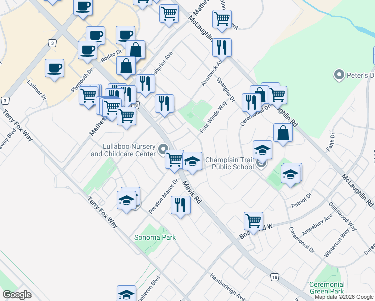 map of restaurants, bars, coffee shops, grocery stores, and more near 722 Four Winds Way in Mississauga
