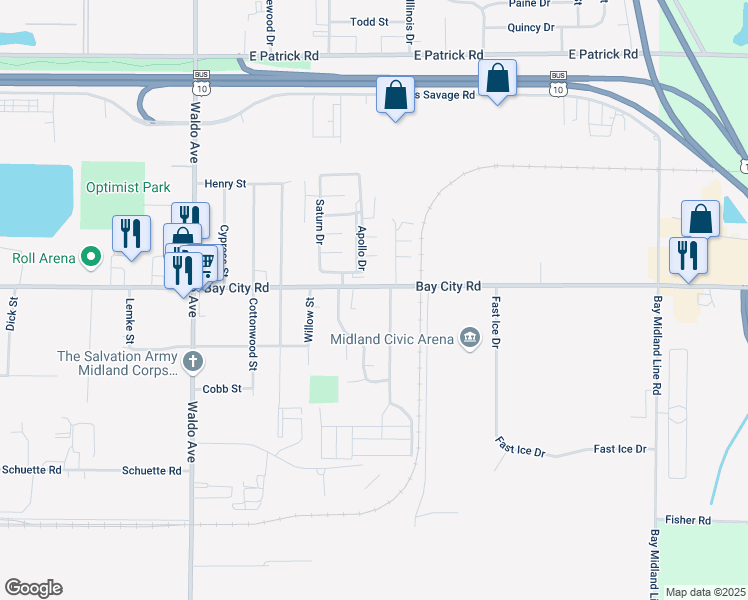 map of restaurants, bars, coffee shops, grocery stores, and more near 3820 Bay City Road in Midland