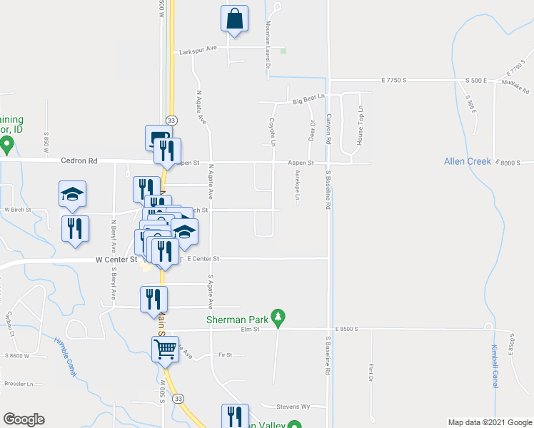 map of restaurants, bars, coffee shops, grocery stores, and more near 210 Birch St in Victor
