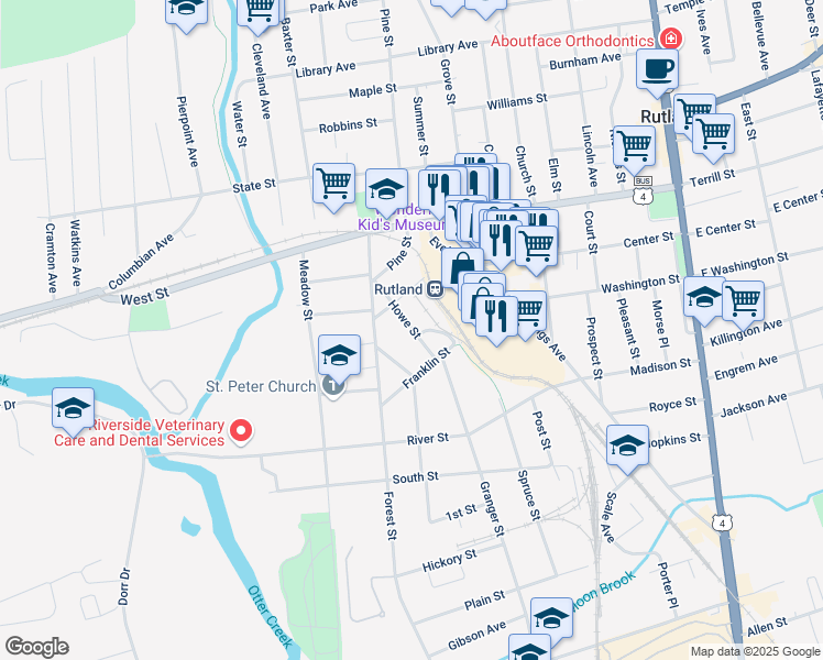 map of restaurants, bars, coffee shops, grocery stores, and more near 56 Howe Street in Rutland