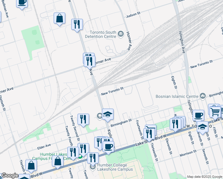 map of restaurants, bars, coffee shops, grocery stores, and more near 32-300 New Toronto Street in Toronto