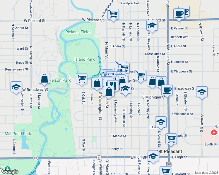 map of restaurants, bars, coffee shops, grocery stores, and more near 85 Mosher Street in Mount Pleasant