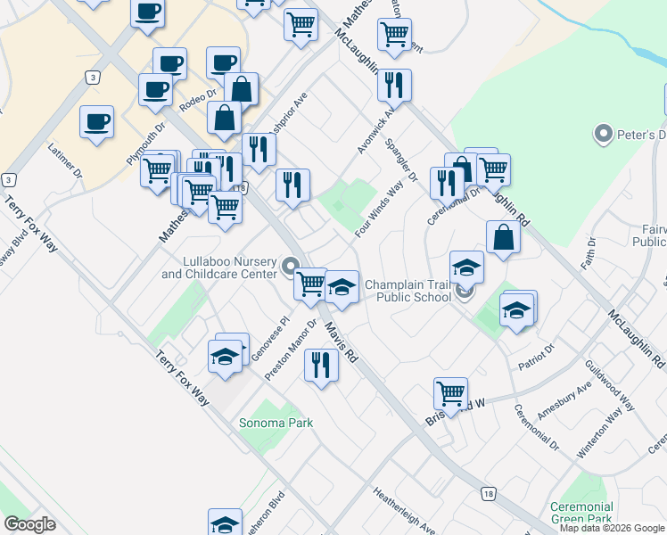 map of restaurants, bars, coffee shops, grocery stores, and more near 722 Four Winds Way in Mississauga
