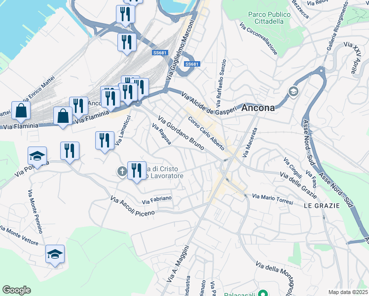 map of restaurants, bars, coffee shops, grocery stores, and more near 67 Via Giordano Bruno in Ancona