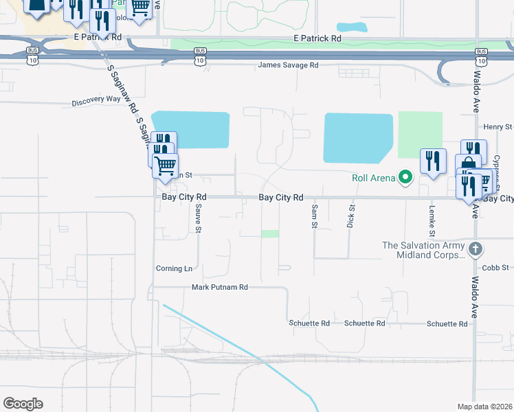 map of restaurants, bars, coffee shops, grocery stores, and more near 2128 Bay City Road in Midland