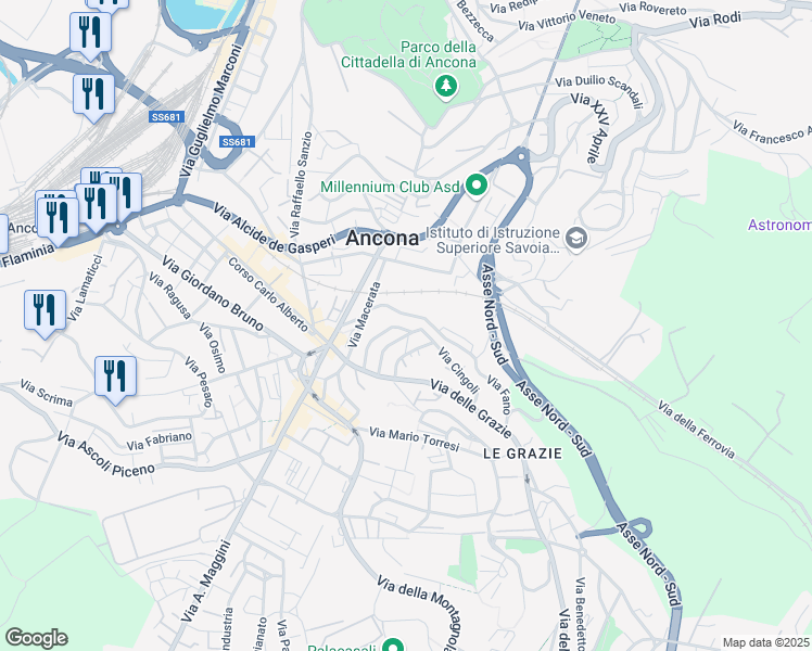 map of restaurants, bars, coffee shops, grocery stores, and more near 10 Via Fano in Ancona