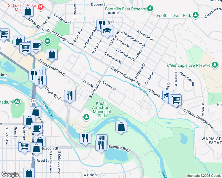 map of restaurants, bars, coffee shops, grocery stores, and more near 1200 East Lewis Street in Boise