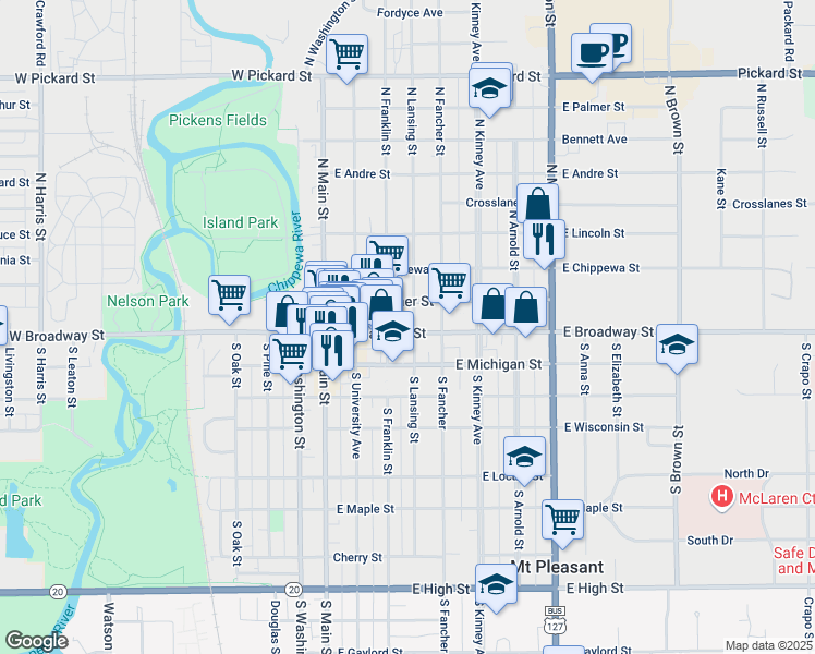 map of restaurants, bars, coffee shops, grocery stores, and more near 319 East Broadway Street in Mount Pleasant